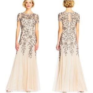 ADRIANNA PAPELL Dress Godet Floral Bead Lined Soft Taupe Blush NWT Petite 6P